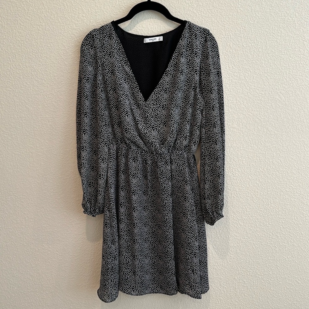 Mango long sleeve dress in polka dot pattern in black, size USA 2